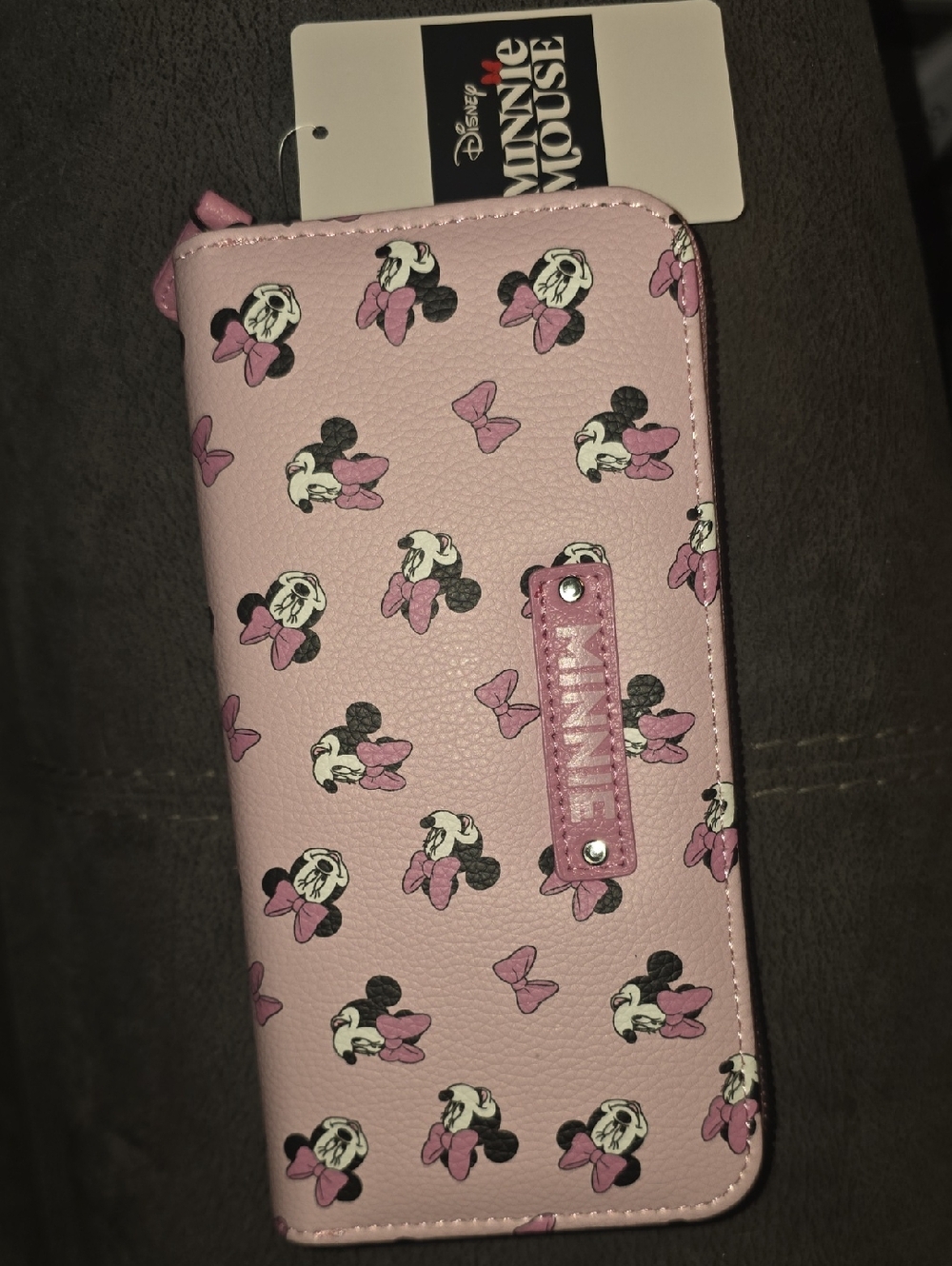 Disney Minnie Mouse Pink Bow Zip Wallet w/ Wrist Strap Faux Leather